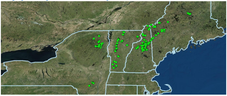 A map of the Northeast states with dots showing all 750 Mountain Birdwatch sampling stations