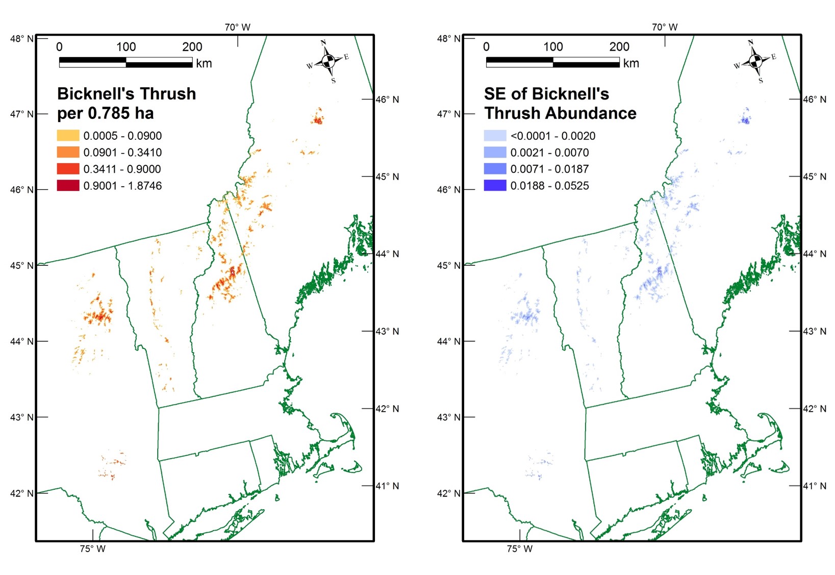 Two maps each of the Northeast states. One showing Bicknell's thrush per 0.785 hectare and the other showing the standard error of the Bicknell's Thrush abundance plotted on the other map.  