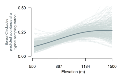 A plot showing elevations between 550 and 1500 meters on the x axis and Boreal Chickadee predicted abundance at a typical sampling station on the y axis. The trendline shows that Boreal Chickadee predicted abundance increases slightly from roughly 0.1 individuals at 550 meters to 0.25 individuals around 1500 meters.