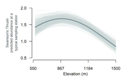 A plot showing elevation of 550 to 1500 meters on the x axis and Swainson's Thrush predicted abundance at a typical sampling station on the y axis. The trendline shows that Swainson's Thrush predicted abundance is roughly 1.4 individuals at 550 meters, peaks at roughly 1.7 individuals at 870 meters, and decreases to less than one individual at 1500 meters.eaks around 45 degrees north. 