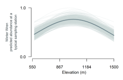 A plot showing elevations between 550 and 1500 meters on the x axis and Winter Wren predicted abundance at a typical sampling station on the y axis. The trendline shows that Winter Wren predicted abundance increases from roughly 0.5 individuals at 550 meters to 0.75 individuals around 1000 meters, then back down to 0.5 individuals around 1500 meters.