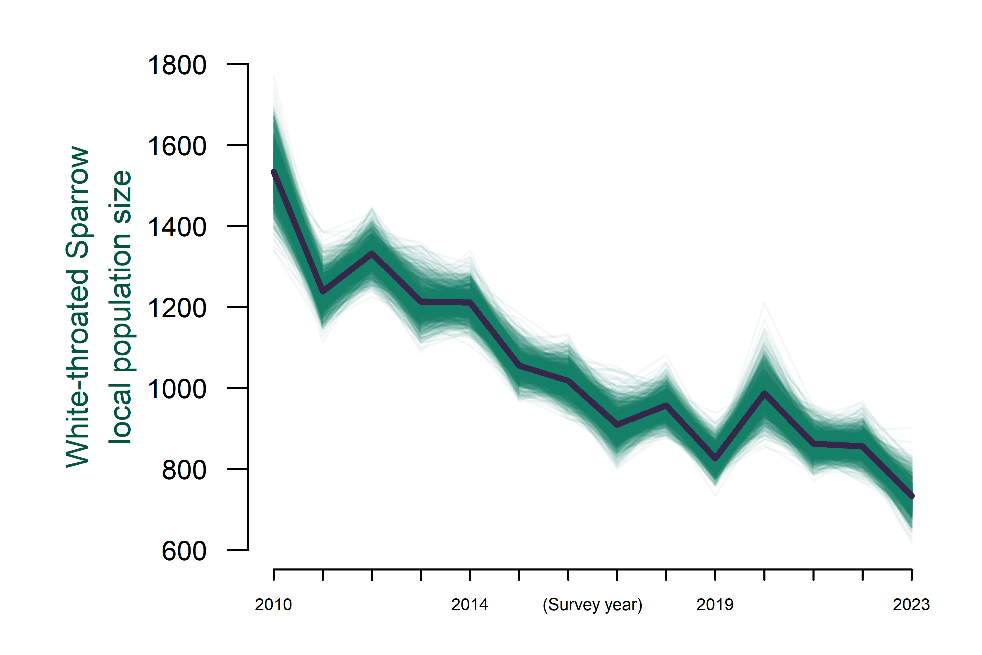 White-throated Sparrow study area abundance from 2010 to 2023.
