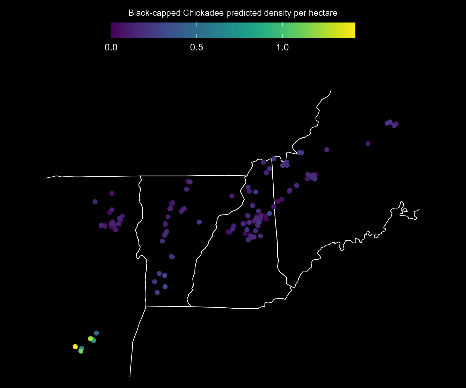 Predicted Black-capped Chickadee adult density per approximate hectare, as estimated from Mountain Birdwatch data.