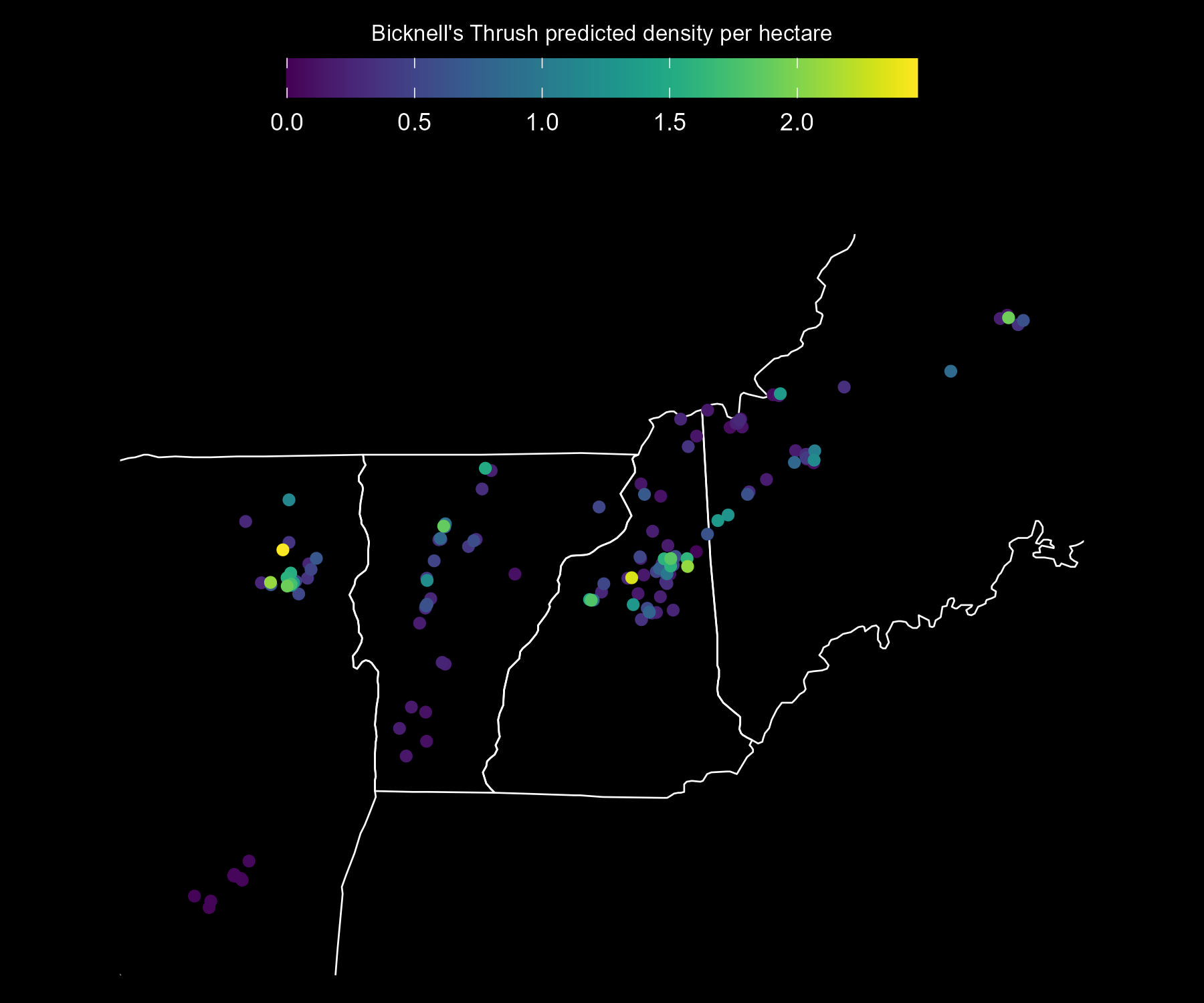 Predicted Bicknell’s Thrush adult density per approximate hectare, as estimated from Mountain Birdwatch data.