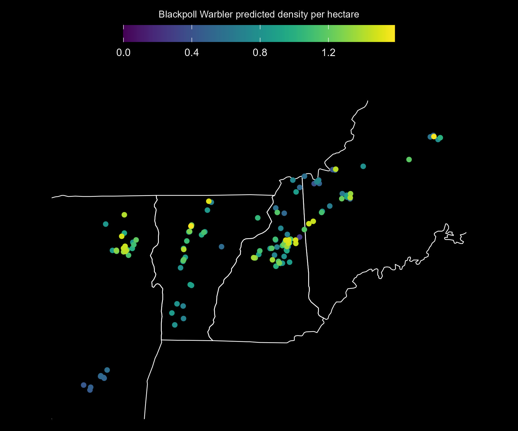 Predicted Blackpoll Warbler adult density per approximate hectare, as estimated from Mountain Birdwatch data.