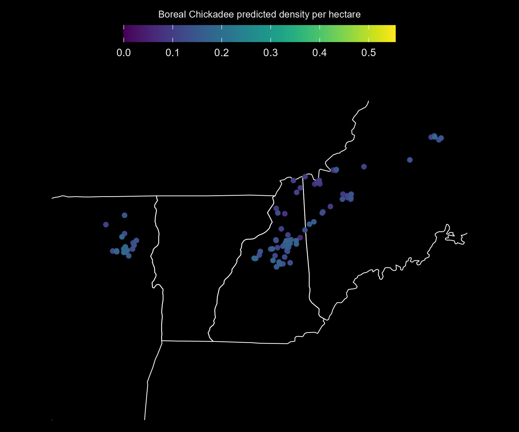 Predicted Boreal Chickadee adult density per approximate hectare, as estimated from Mountain Birdwatch data.