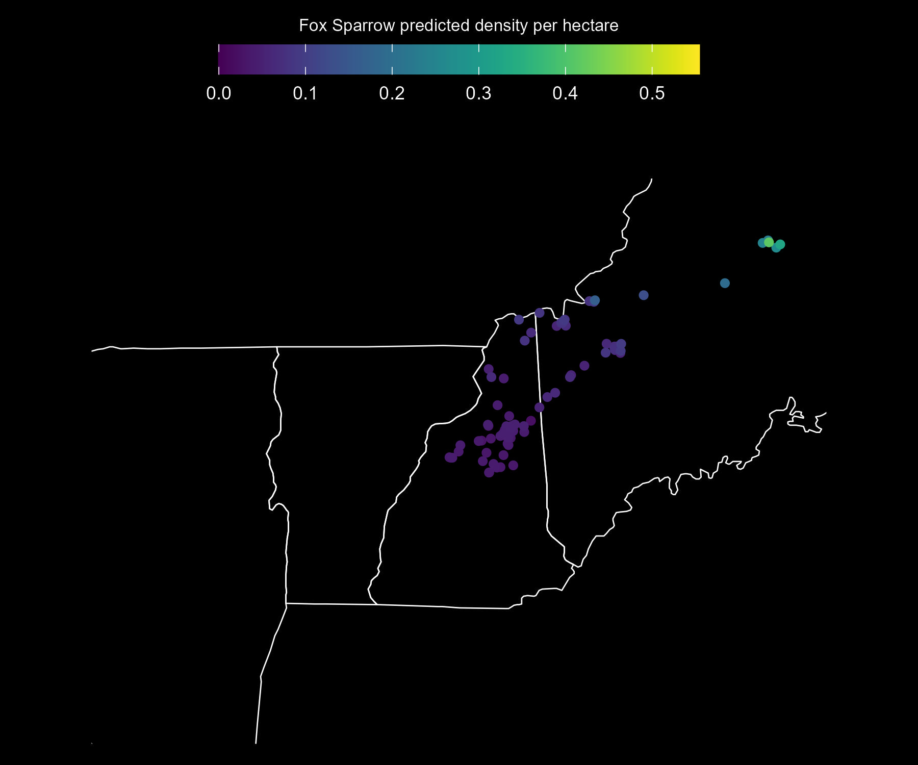 Predicted Fox Sparrow adult density per approximate hectare, as estimated from Mountain Birdwatch data.