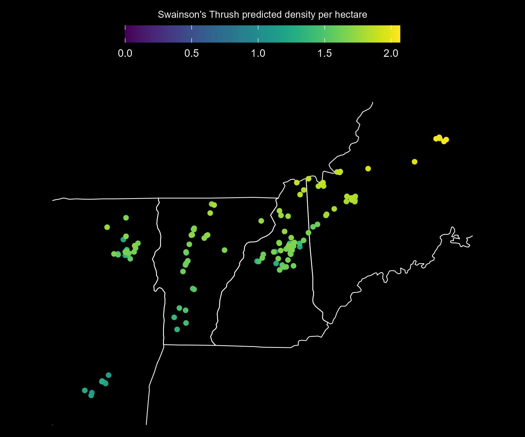 Predicted Swainson’s Thrush adult density per approximate hectare, as estimated from Mountain Birdwatch data.