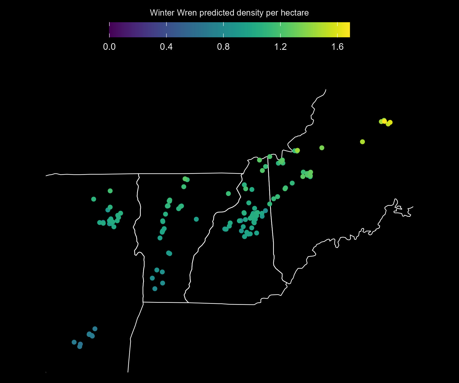 Predicted Winter Wren adult density per approximate hectare, as estimated from Mountain Birdwatch data.