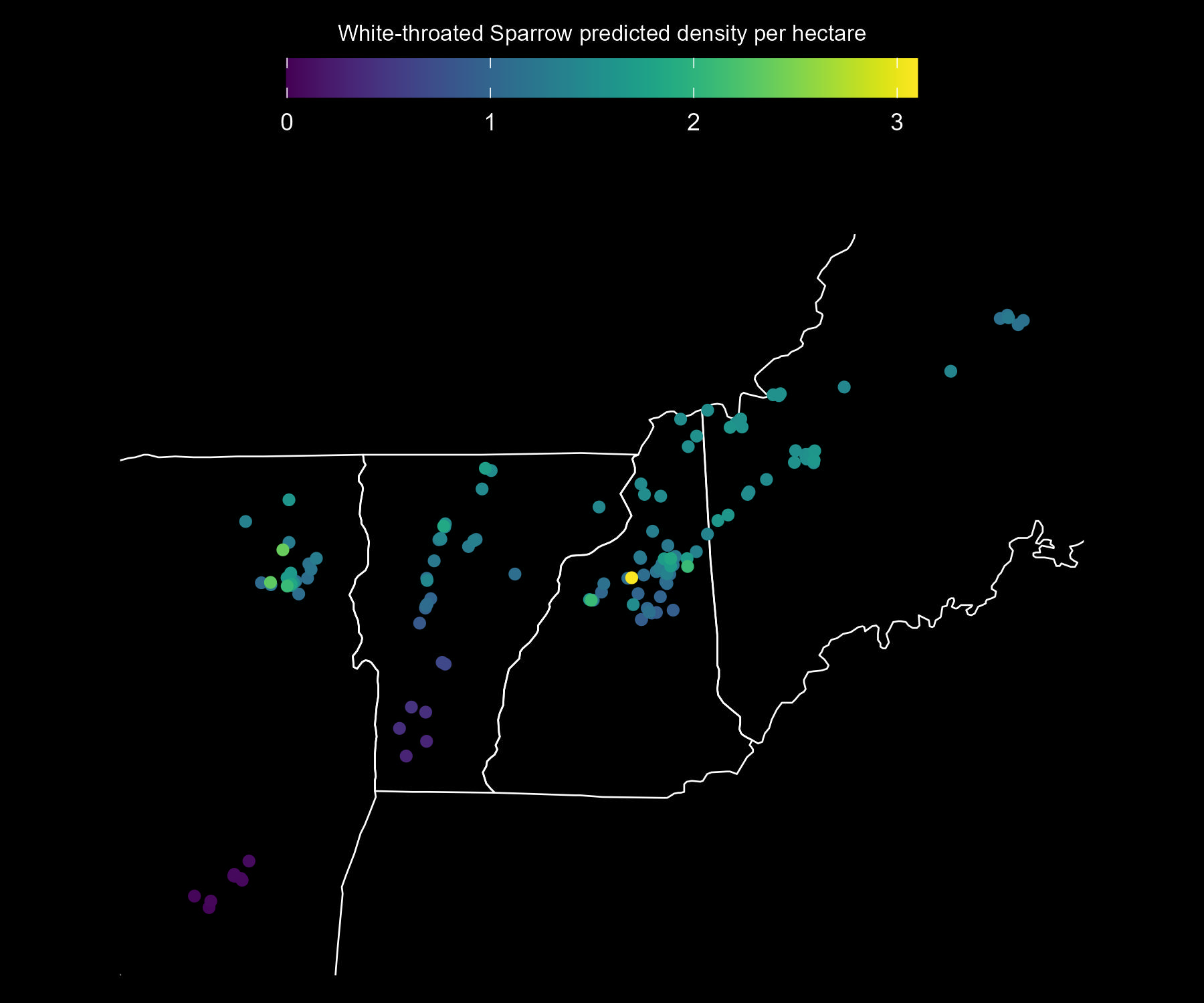 Predicted White-throated Sparrow adult density per approximate hectare, as estimated from Mountain Birdwatch data.