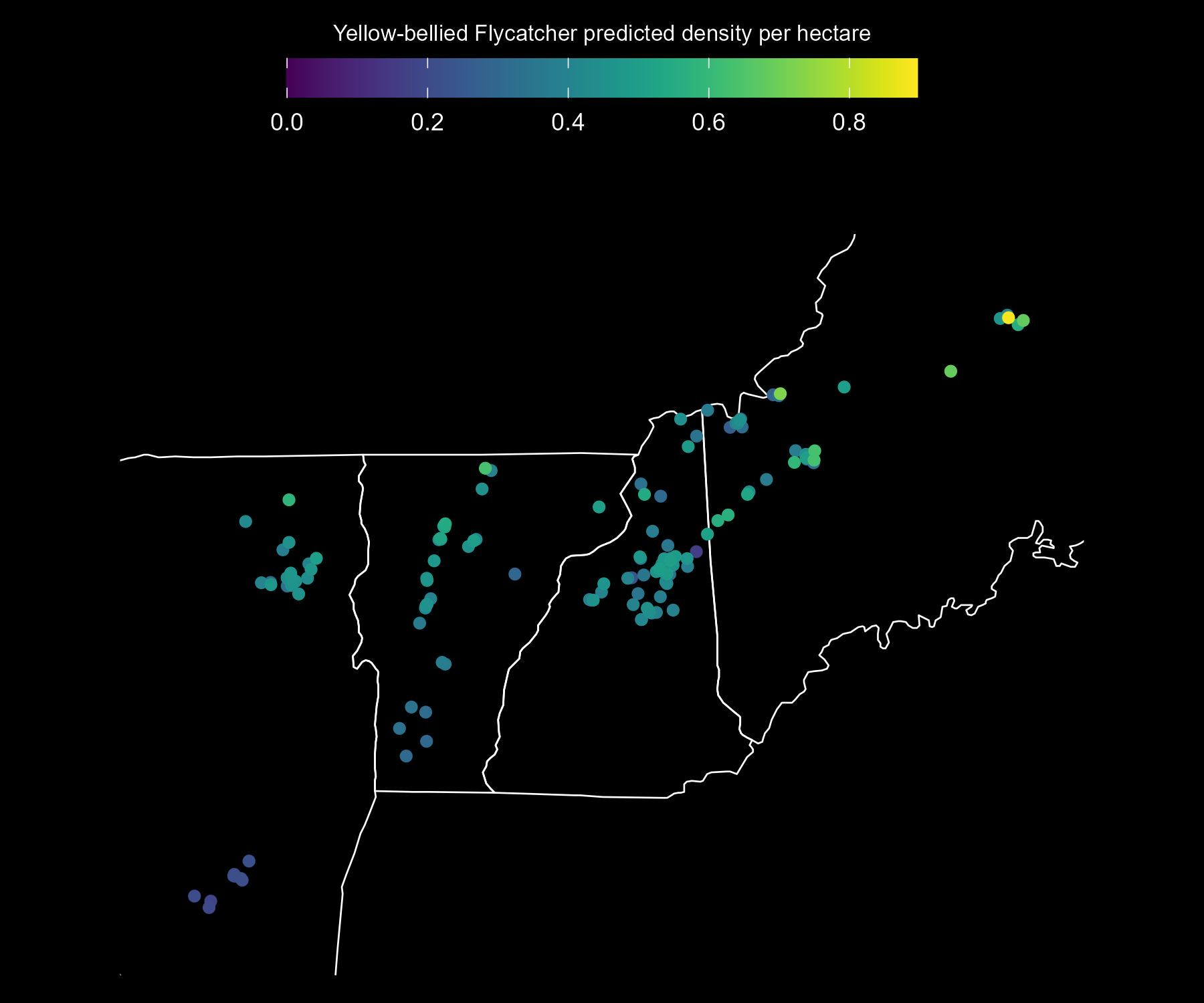 Predicted Yellow-bellied Flycatcher adult density per approximate hectare, as estimated from Mountain Birdwatch data.